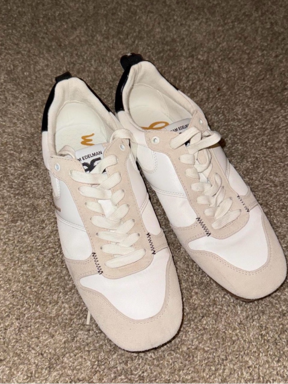 Sam Edelman White & Beige Lace-Up Sneakers